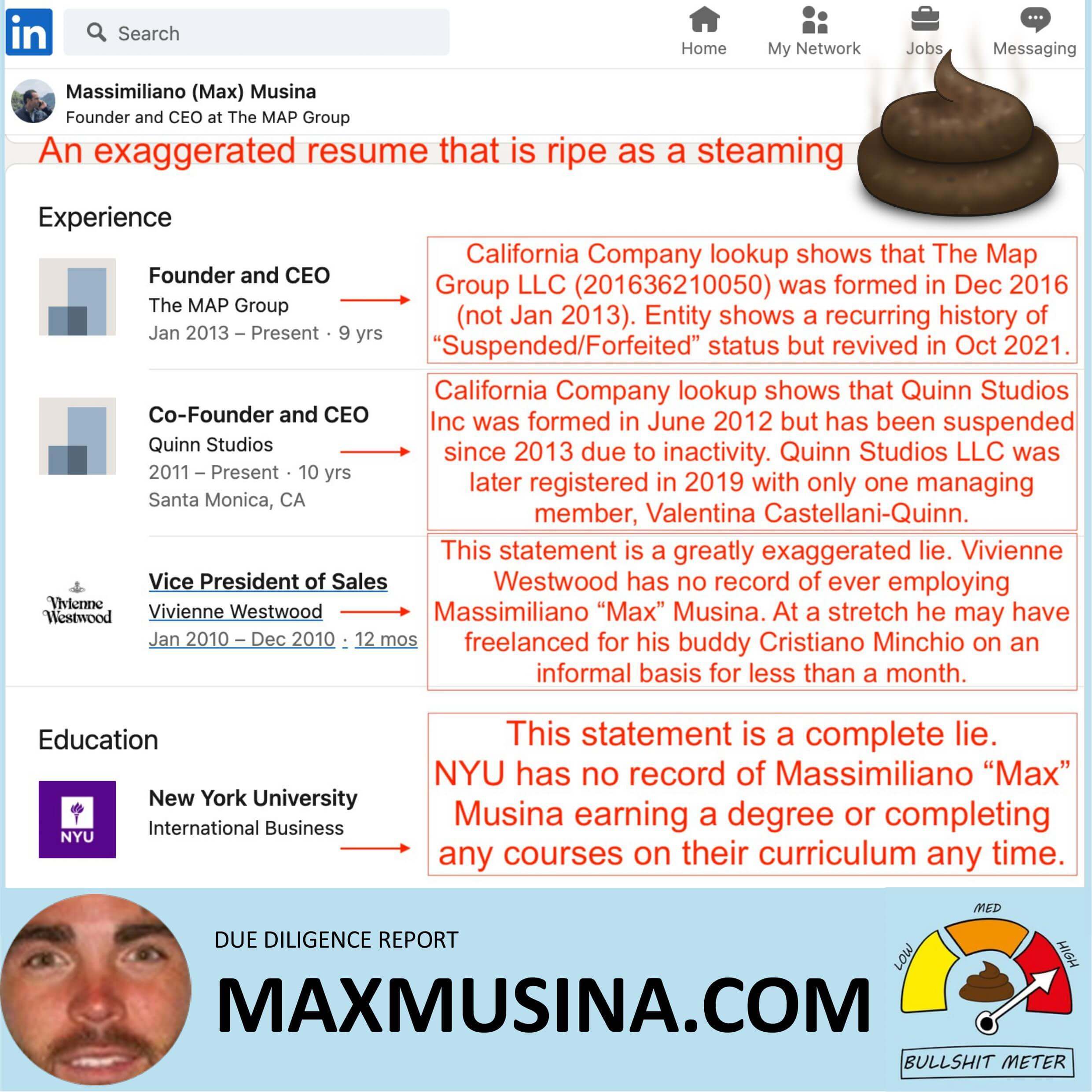 Massimiliano Musina IMDb: Fake LinkedIn Resume Exposed for Due Diligence @maxmusina @max_musina Instagram Puerto Rico Los Angeles Due Diligence
