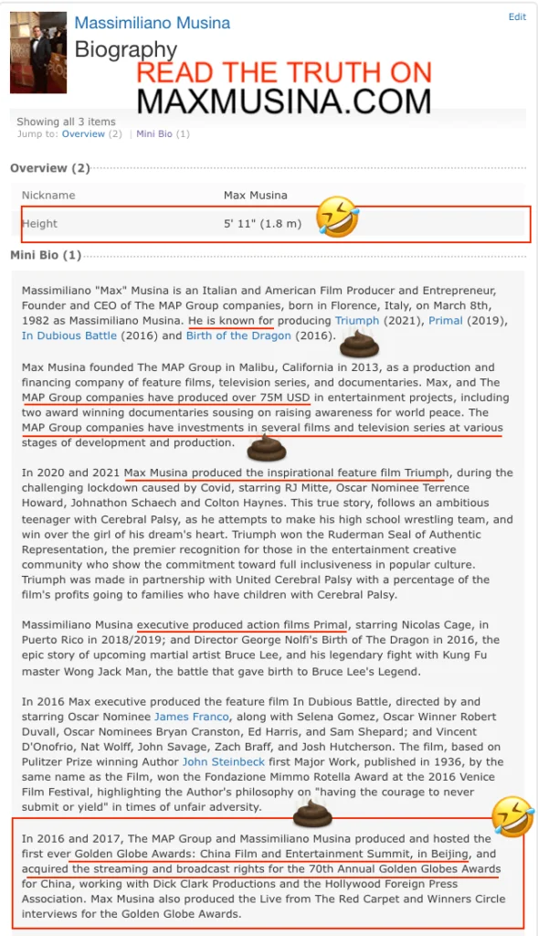 fake imdb biography exposed: massimiliano musina (max musina) 5 @maxmusina @max_musina Instagram Puerto Rico Los Angeles Due Diligence Massimiliano Musina (Max Musina) (IMDb) Bullsht Meter to the Max!
#massimilianomusina #maxmusina #mapgroup #satire #satireisnotacrime #puertorico #imdb