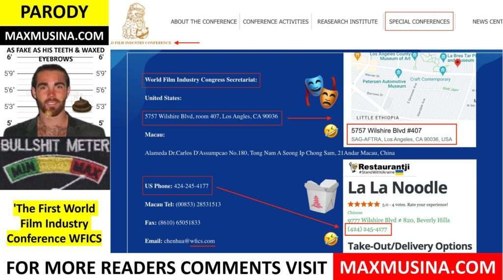 First World Film Industry Conference, Global  Film Producers Conference Scam. Stupido Max Musina's Chinese restaurant-slash-public-relations hack.  (massimiliano musina) map group